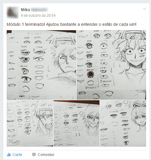 Depoimento dos alunos sobre o curso com v'rios olhos e rascunhos de personagens