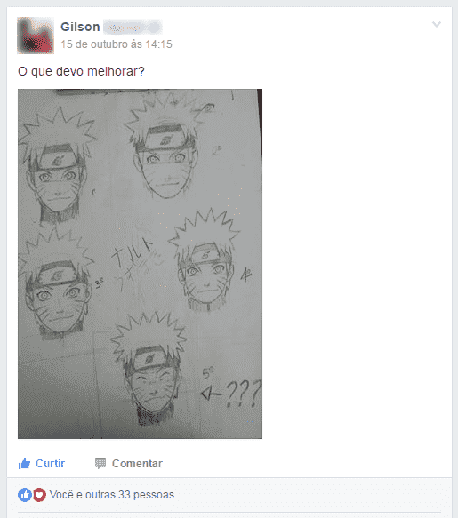 Depoimento dos alunos sobre o curso com vários desenhos do rosto de naruto